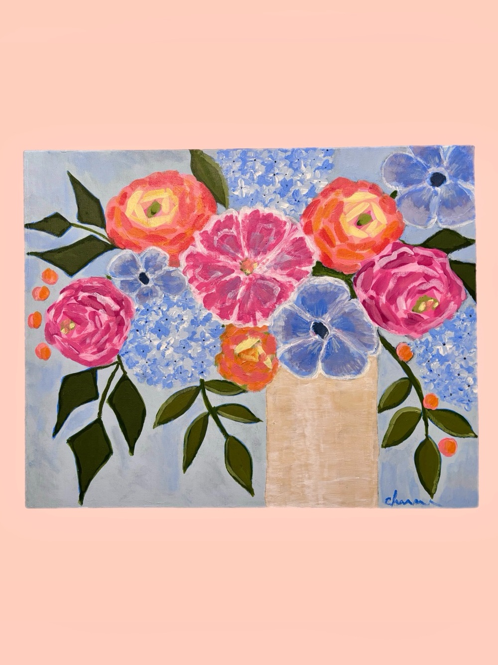 Colourful Floral Bouquet Painting - Pink, Blue, Coral Hand Painted Original Art